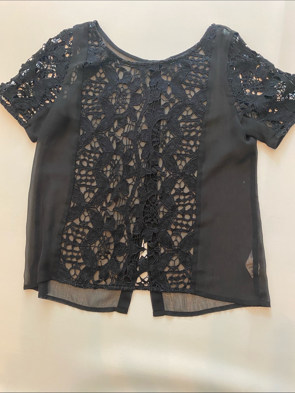 American Eagle Outfitters Black Crochet Front Short Sleeve Blouse
